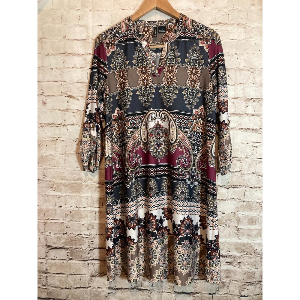 New Directions Tunic Dress Womens Small Dark Romantic Medallion Print Stretch‎